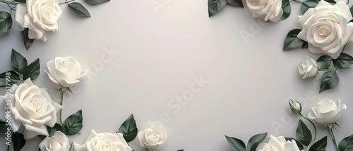 Elegant blank invitation mock-up with a minimal border of white roses on a pale gray backdrop photo