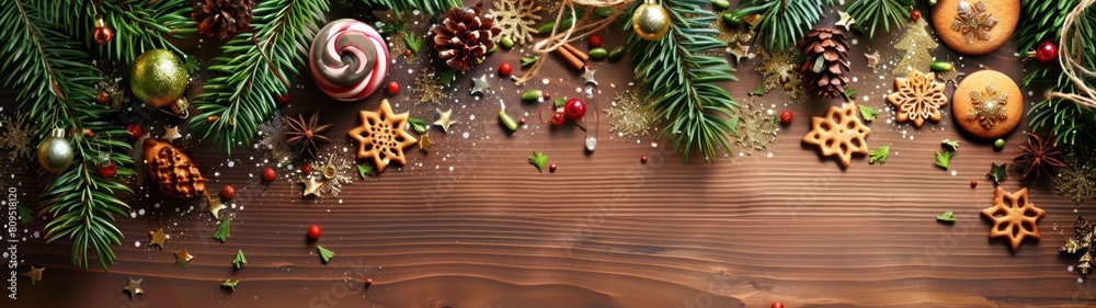 Wooden table with Christmas decorations including fir branches, ornaments and cookies. Christmas and New Year celebration concept.