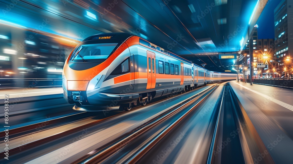 Highspeed train in motion at the station, blurred background, fast moving lights, long exposure, blurred effect, motion blur, fast speed of an express train. Highspeed train in motion at the station, blurred background, fast moving lights, long exposure, blurred effect, motion blur, fast speed of an express train.