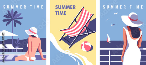 Summer time. Concept of summer party, vacation and travel. Perfect background on the theme of season vacation, weekend, beach. Vector illustration in minimalistic style for posters, cover art, flyer.