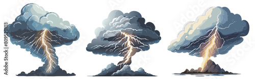 Set of three storm clouds with lightening isolated on white background