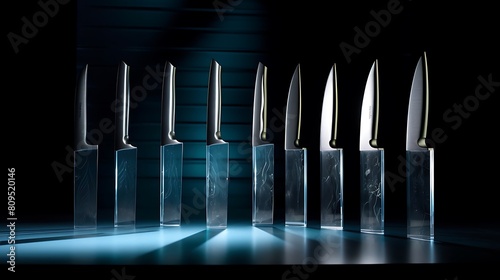 A Set of Sleek Kitchen Knives Arranged Against a Minimalist Background: Combining Functionality with Modern Design Aesthetics