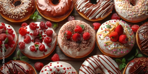 A delicious variety of donuts are laid out on a wooden table, each boasting its own unique combination of flavors, glazes and delicious fillings.