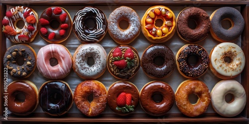 Delicious donuts decorated with colorful icing and fruit fillings make a delicious snack or breakfast. photo
