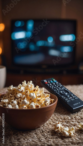 Cozy TV Time, Popcorn in Bowl, Remote Control Near TV, Cable TV Experience