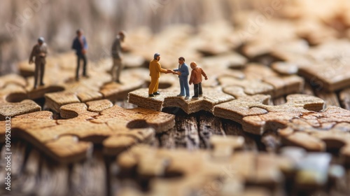 The miniature varies group of employed people that standing still on the uncompleted jigsaw board trying to work together to find the solution for the problem that they talking to each other. AIGX03.