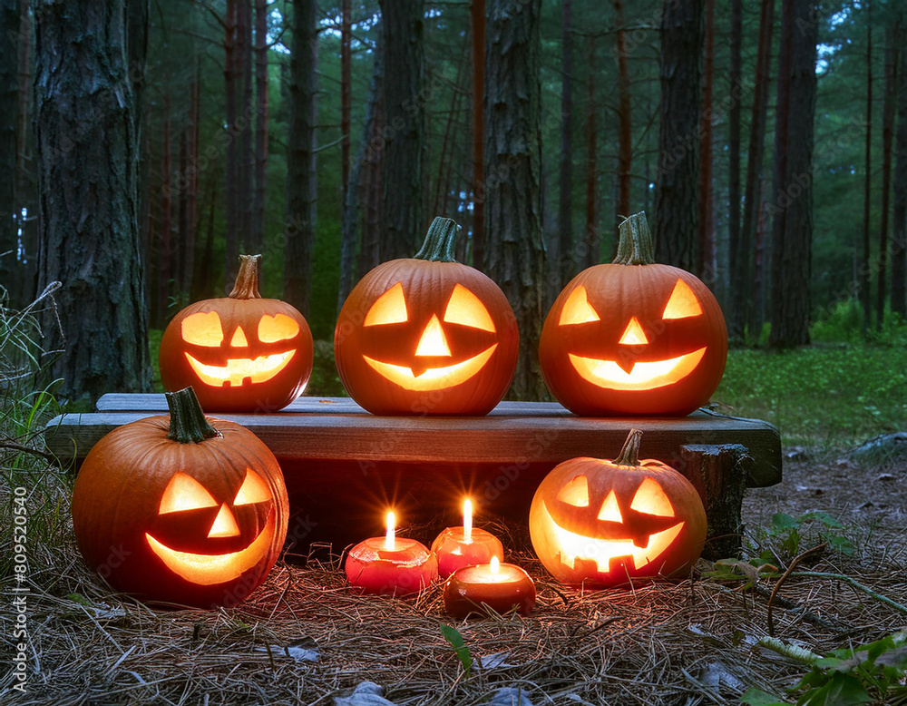 A photo of a series of carved pumpkins with candlelight glowing inside A photo of a series of carved pumpkins with candlelight glowing inside