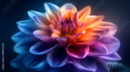 a vibrant  layered flower with a gradient of colors and a glowing effect against a dark background.