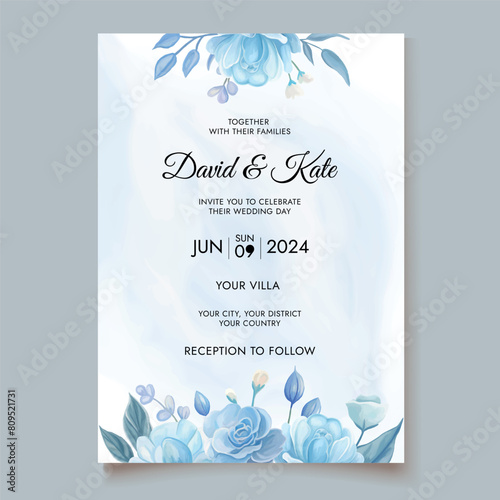 Elegant wedding invitation with beautiful blue watercolor floral template