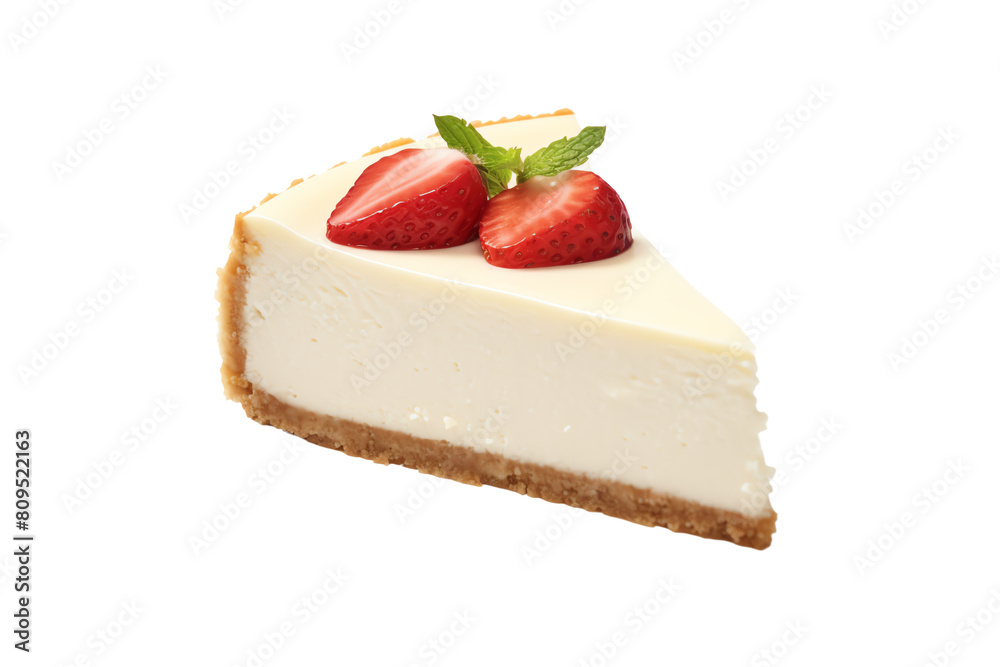 Cheesecake with strawberry slices on top isolated on transparent background. Cheesecake with strawberry slices on top isolated on transparent background.