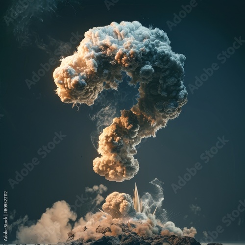 question mark made up of smoke from a mushroom cloud explosion