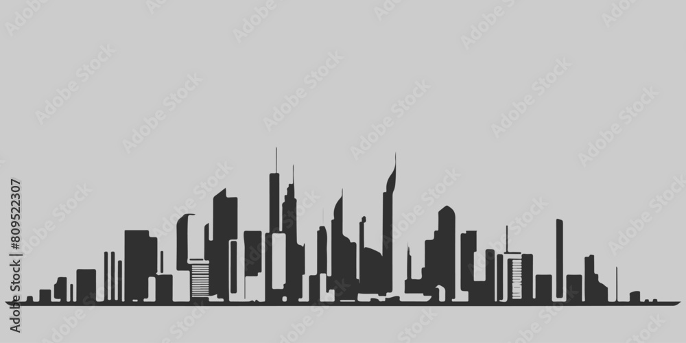 A city skyline with tall buildings and a church. Monochrome isolated vector cityscape