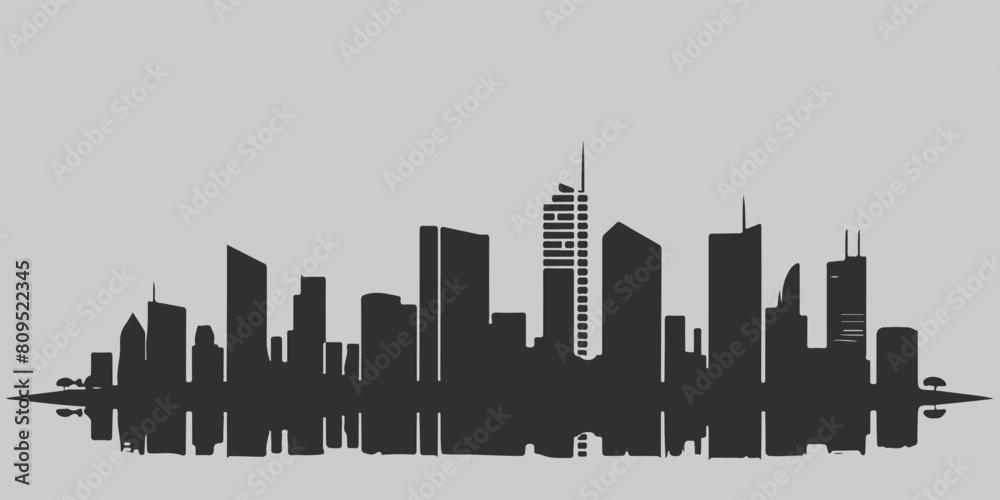 Fototapeta premium A city skyline with tall buildings and a church. Monochrome isolated vector cityscape
