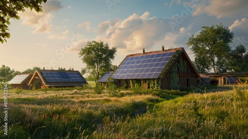 A serene countryside landscape with solar panels installed on farmhouse rooftops, harmonizing with the environment.