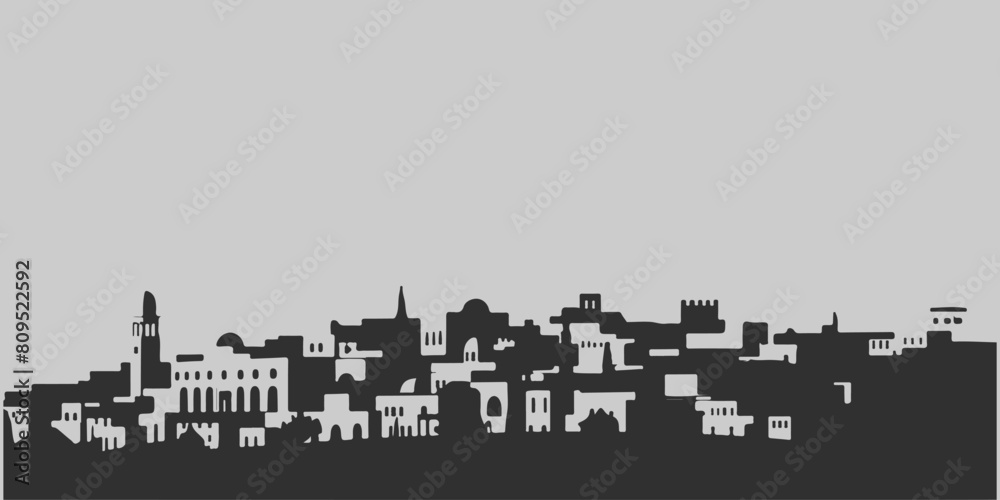 A city skyline with tall buildings and a church. Monochrome isolated vector cityscape A city skyline with tall buildings and a church. Monochrome isolated vector cityscape