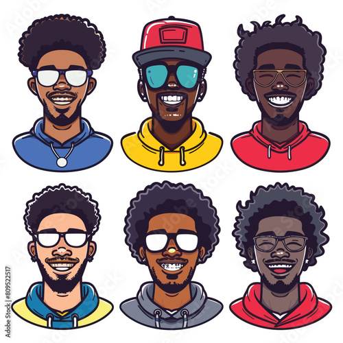 Six diverse African American male avatars wearing different outfits accessories. Portraits showcase various hairstyles, glasses, expressions. One sports baseball cap, another has toothy grin braces