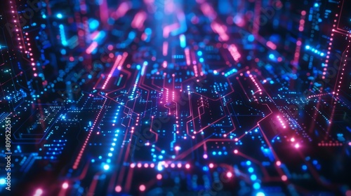 Circuit board with glowing blue and pink neon lights