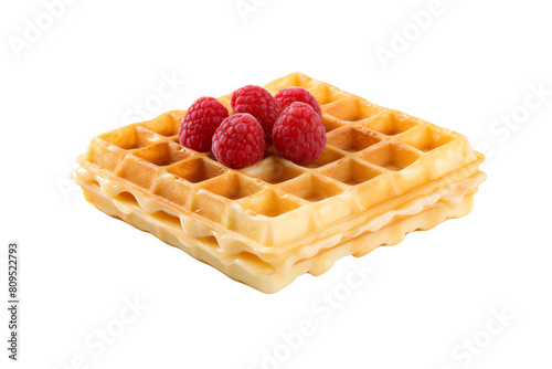 Image description: A delicious, golden brown waffle topped with fresh raspberries and powdered sugar, transparent background