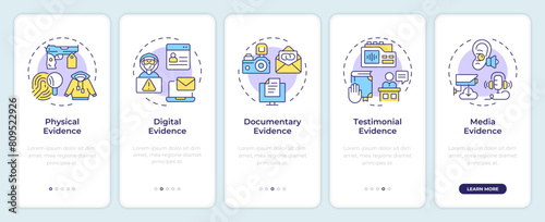 Evidence types onboarding mobile app screen. Digital forensics. Walkthrough 5 steps editable graphic instructions with linear concepts. UI, UX, GUI template. Montserrat SemiBold, Regular fonts used photo