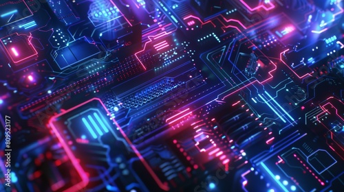 Circuit board with glowing blue and red neon lights