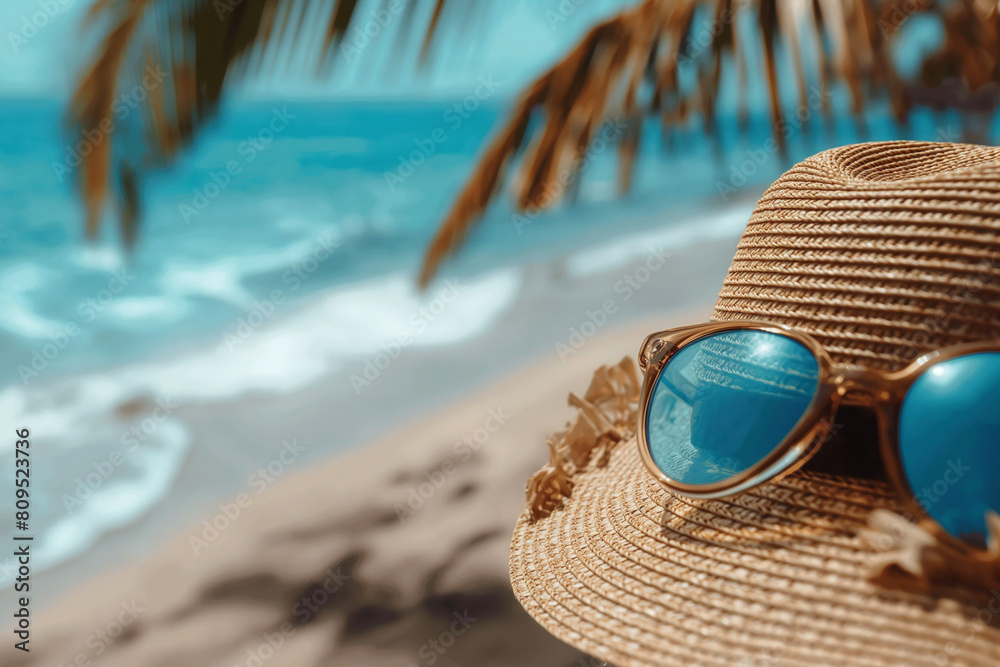 A straw hat with sunglasses on it sits on a beach
