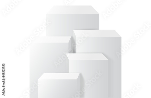 5 square white pedestal podiums with layer and close up on transparent background