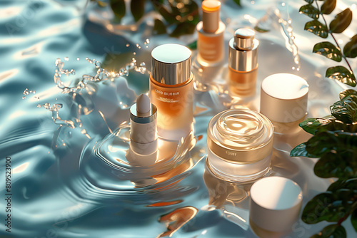 A collection of beauty products are floating in a pool of water