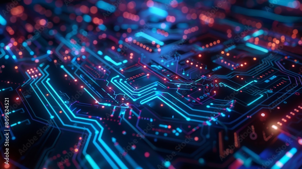 Circuit board with glowing blue and red lines