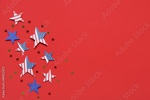 Stars with USA flags on red background. American Independence Day celebration