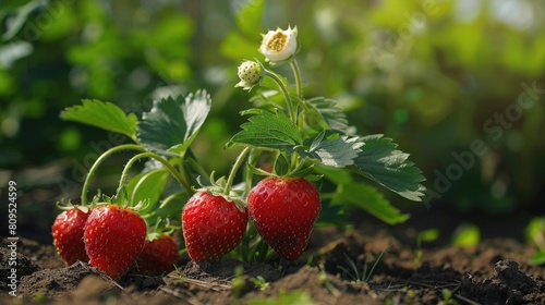 Strawberry plant with ripening berries growing in the garden