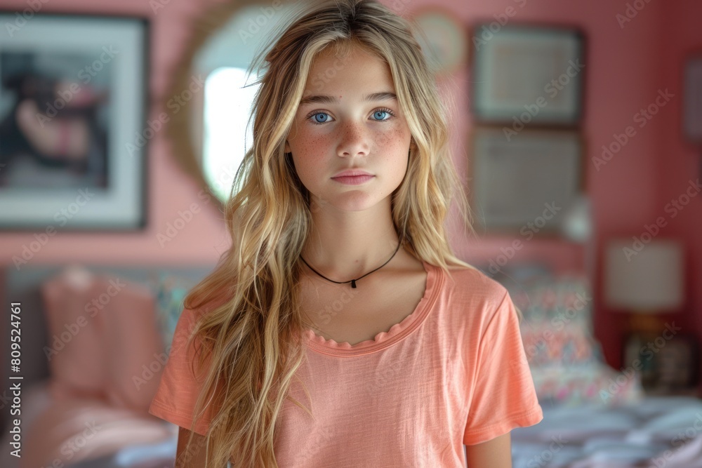 A young girl with long blonde hair and blue eyes stands in a pink room in front of a bed. A young girl with long blonde hair and blue eyes stands in a pink room in front of a bed.