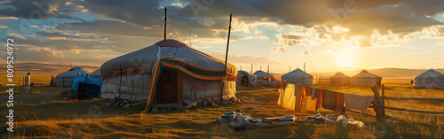 Noon white nomadic yurt in golden sunlight in steppe landscape adventure with nighty background
 photo