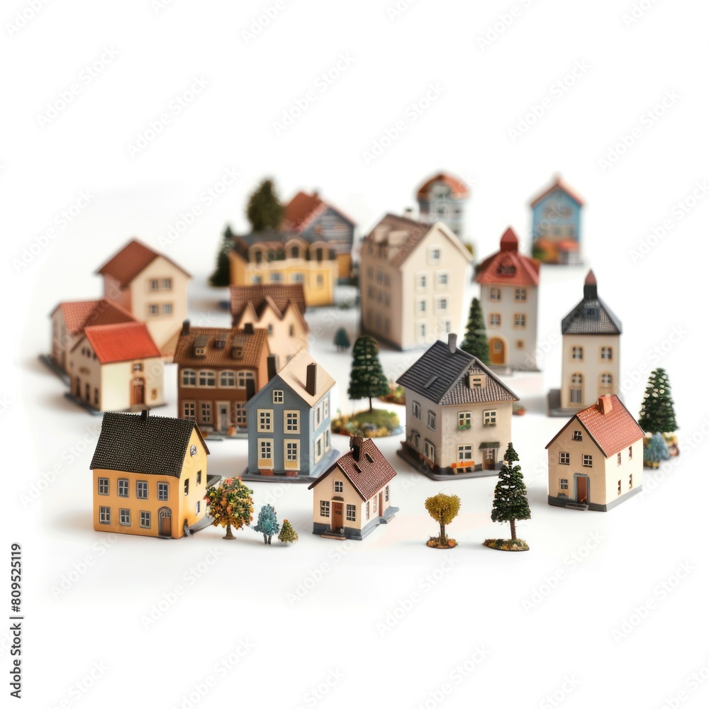 A diorama of a small town with various small houses and trees.