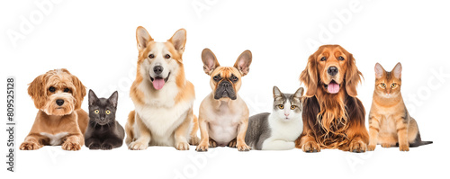 group of dogs and cat on white, png