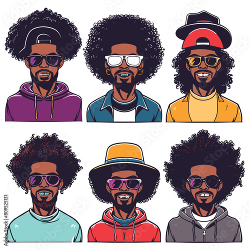 Six stylized afrohaired men portraits, sporting unique fashion, glasses, hats. Diverse modern male characters smile confidently, expressing individual styles. Afro hair men illustrated vibrant photo