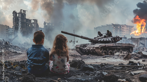 Two children stand in front of a tank that says'the word war'on it ,generative ai photo