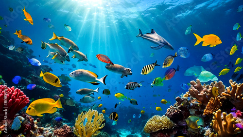 Beautiful underwater world and schools of fish.