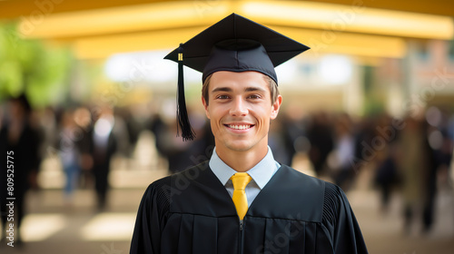 A young guy in a graduate hat against the backdrop of his classmates.