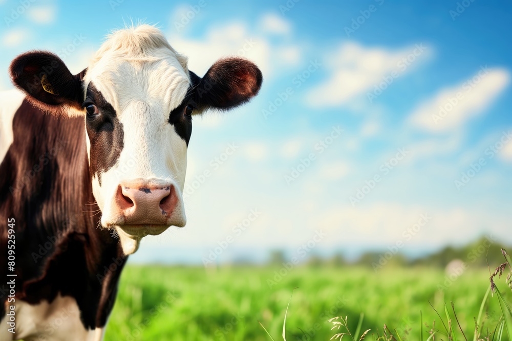 A brown and white cow standing on a lush green field