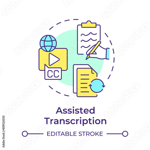 Assisted transcription multi color concept icon. Voice to text. Speech recognition, software solution. Round shape line illustration. Abstract idea. Graphic design. Easy to use in infographic
