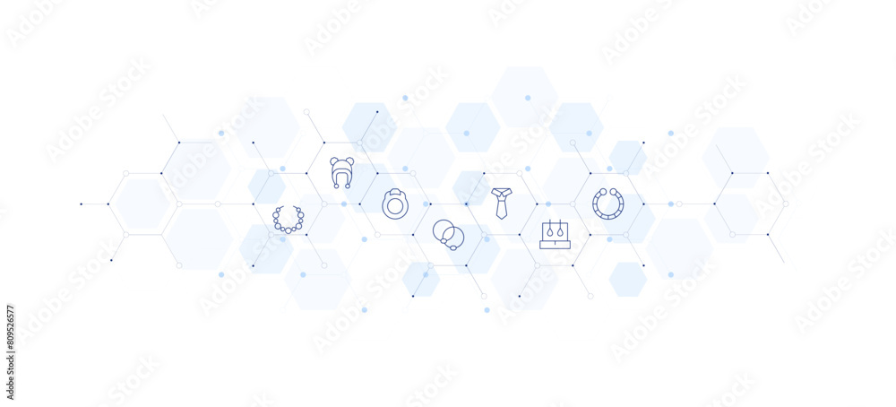 Accessories banner vector illustration. Style of icon between. Containing tie, bracelet, beanie, scrunchie, ring, beads, earrings.