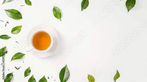 White cup of tea on white background with green tea leaves scattered around. Cup of Tea and Coffee with Mint on Saucer Cup of tea and tea leaves border isolated on white background banner panorama,  photo