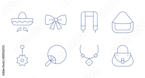 Accessories icons. Editable stroke. Containing piercing, mexicanhat, fan, bowtie, bag, camerastrap, necklace, handbag. photo