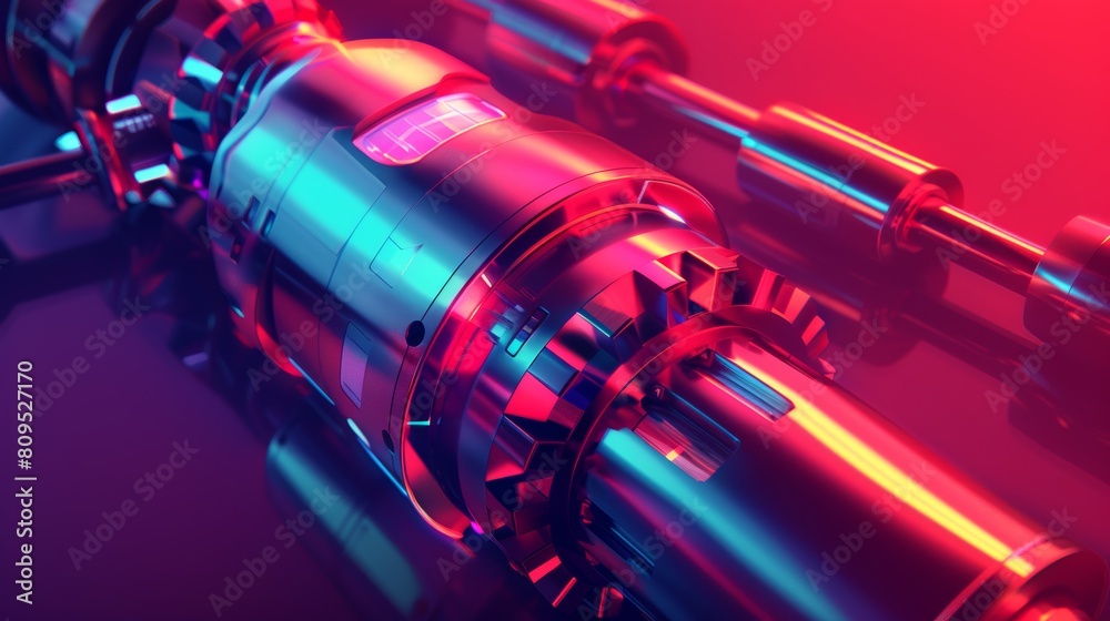 Close-up of a complex machine on gradient blue and pink background Close-up of a complex machine on gradient blue and pink background