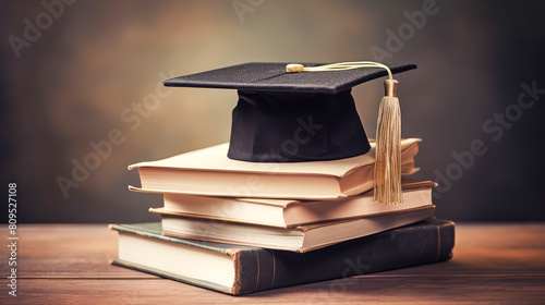 A stack of books and a hat, graduate cap on a wooden surface background.