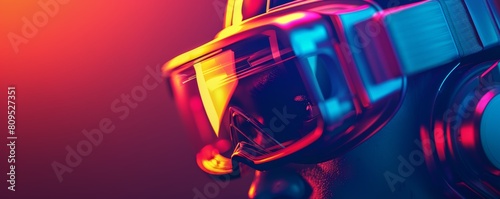 A close-up of a person wearing a futuristic helmet with a red and blue visor