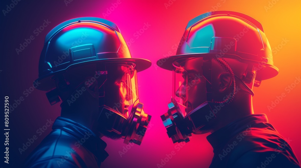 Two firefighters wearing protective gear are standing face to face in front of a colorful background.
