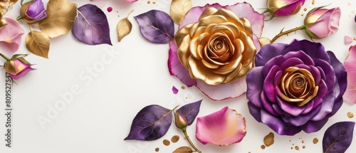 rose petals on white background with copy space for text. Golden alcohol ink watercolor floral bloom banner for Mother’s Day or mauve wedding stationery