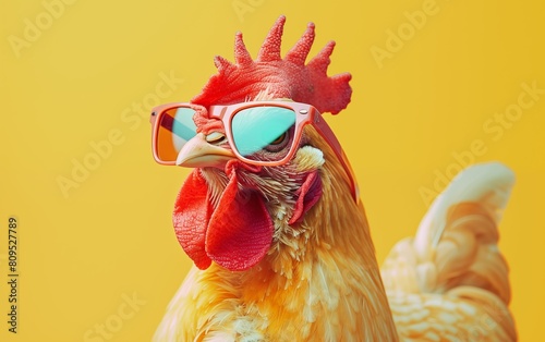 Creative animal concept. Closeup Chicken hen in sunglass shade glasses isolated on solid pastel background.