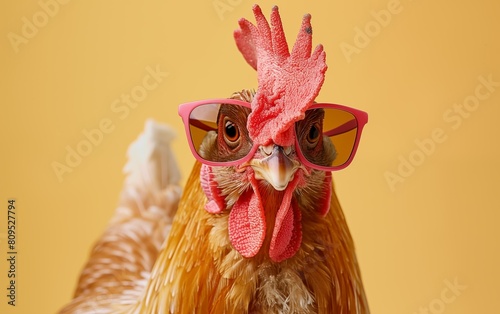 Creative animal concept. Closeup Chicken hen in sunglass shade glasses isolated on solid pastel background.